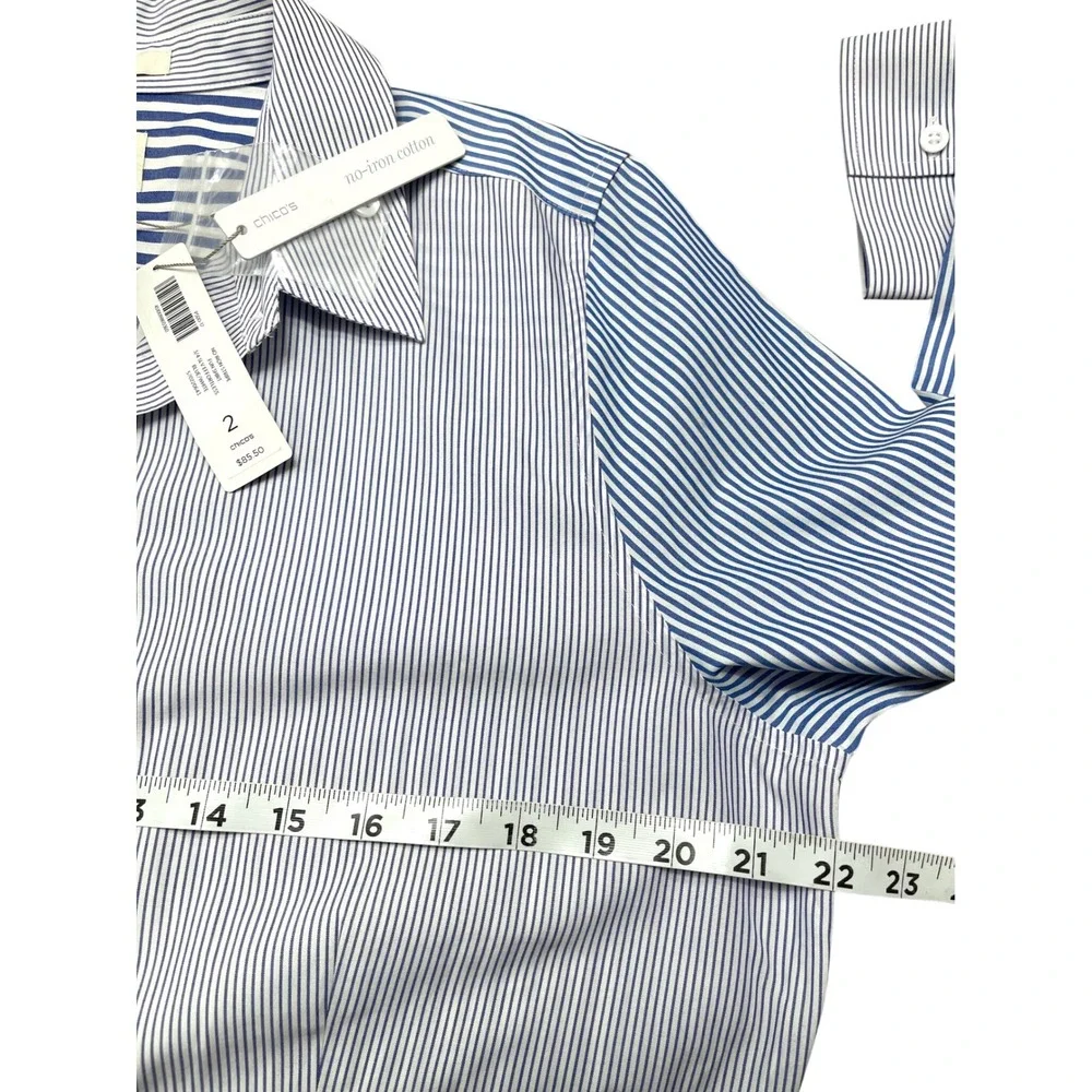 New Chicos No-Iron Cotton Blue White Mixed Stripe Button Down Shirt Size 2 /US L - Picture 6 of 7